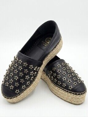 PHILIPP PLEIN Black Leather Star-Studded Platform Espadrilles – Size 38.5